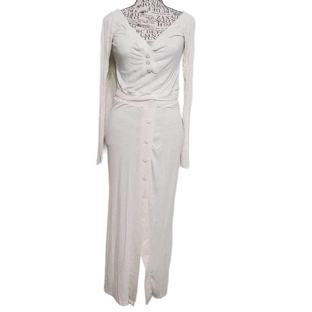 Mable 2 Piece Ribbed Set Lightweight Long Sleeve Crop Top Cream Off White Large